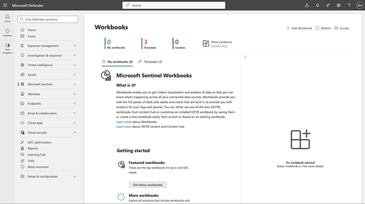 The Workbooks blade in the Microsoft Defender portal