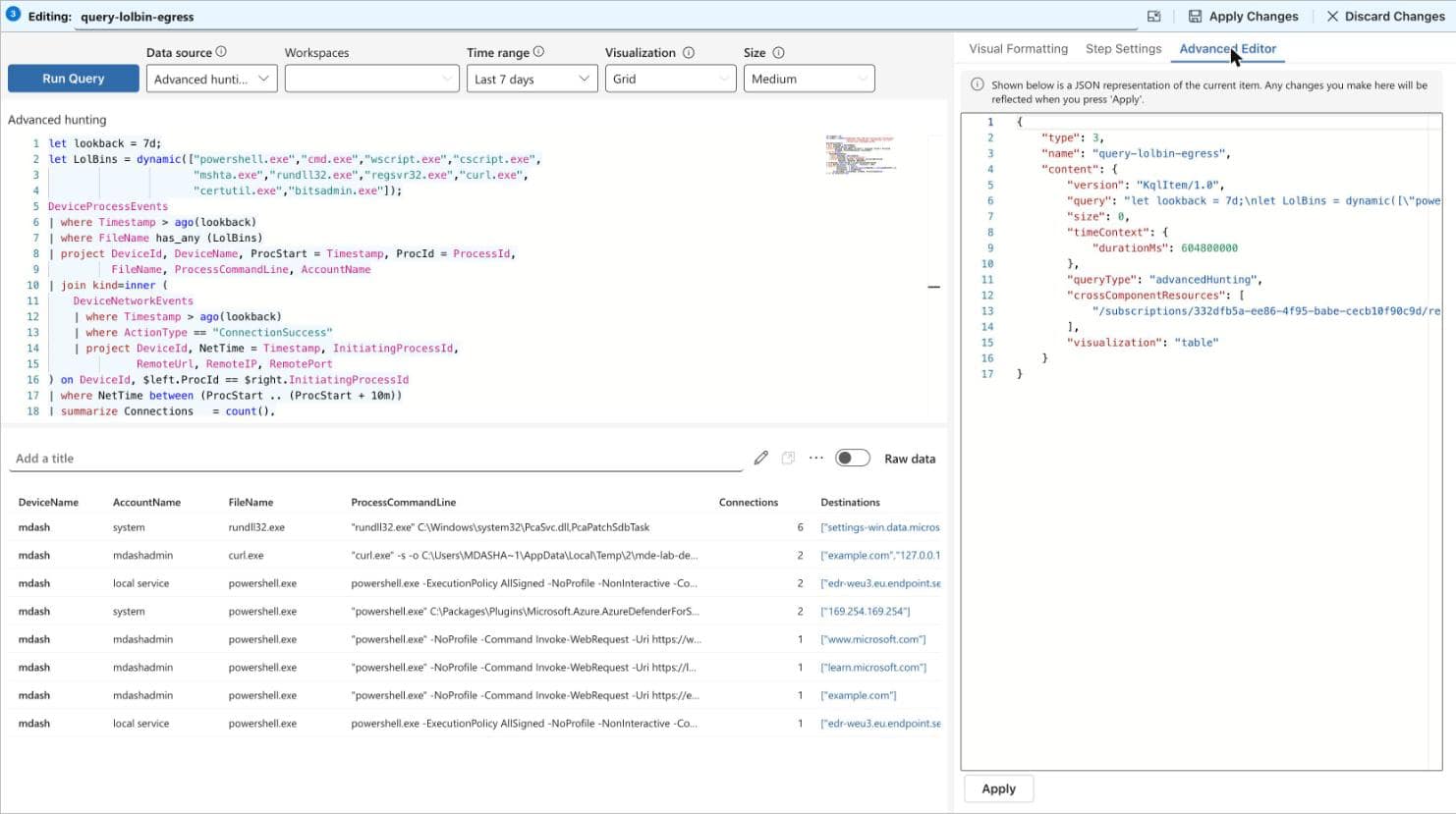 The step JSON showing the advancedHunting query type
